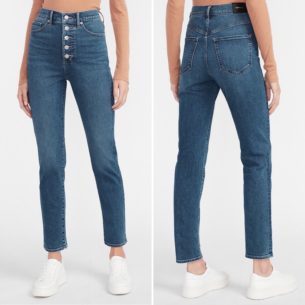 Express Medium Blue Rinse Slim Super High Rise Button Fly Jean Size 6R